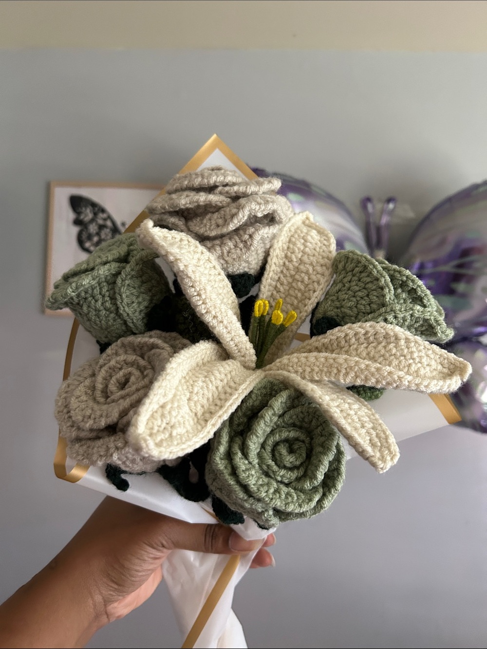 Handmade Crochet Flower Bouquet - Cream & Sage Green